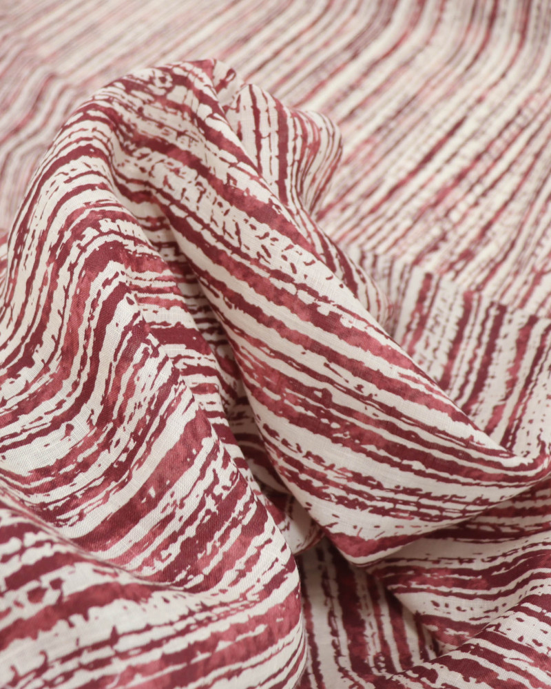 Tecido Linho Puro Leve Italiano Listras Estampadas Creme e Tons de Vinho
