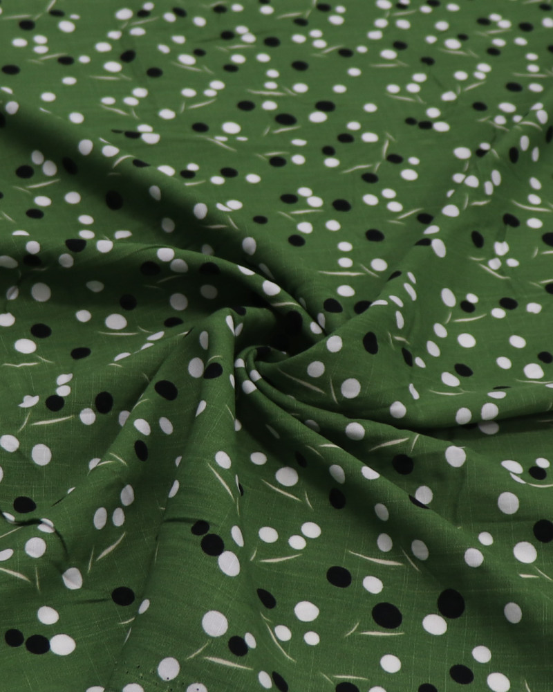 Tecido Viscose Texturizada Multi Poá P/B e Riscos Creme e Verde Musgo