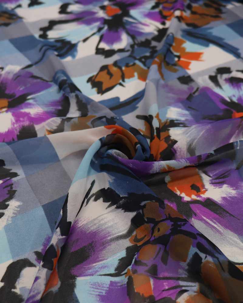 Tecido Crepe Chiffon Quadriculado e Floral Colorido e Roxo