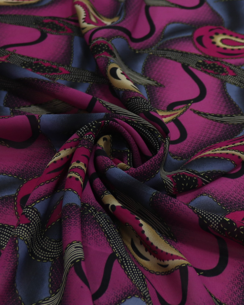 Tecido Crepe Chiffon Cashmere Abstrato Cinza e Rosa