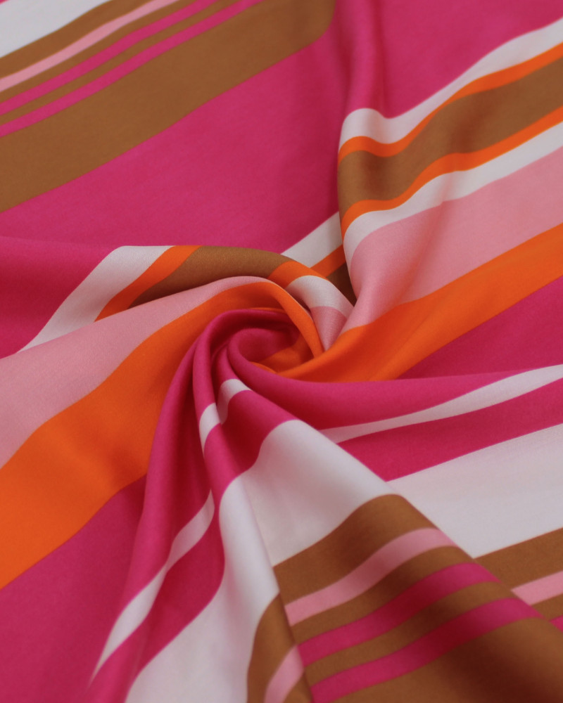Tecido Viscose Italiano Multi Listras Marrom, Laranja e Tons de Rosa