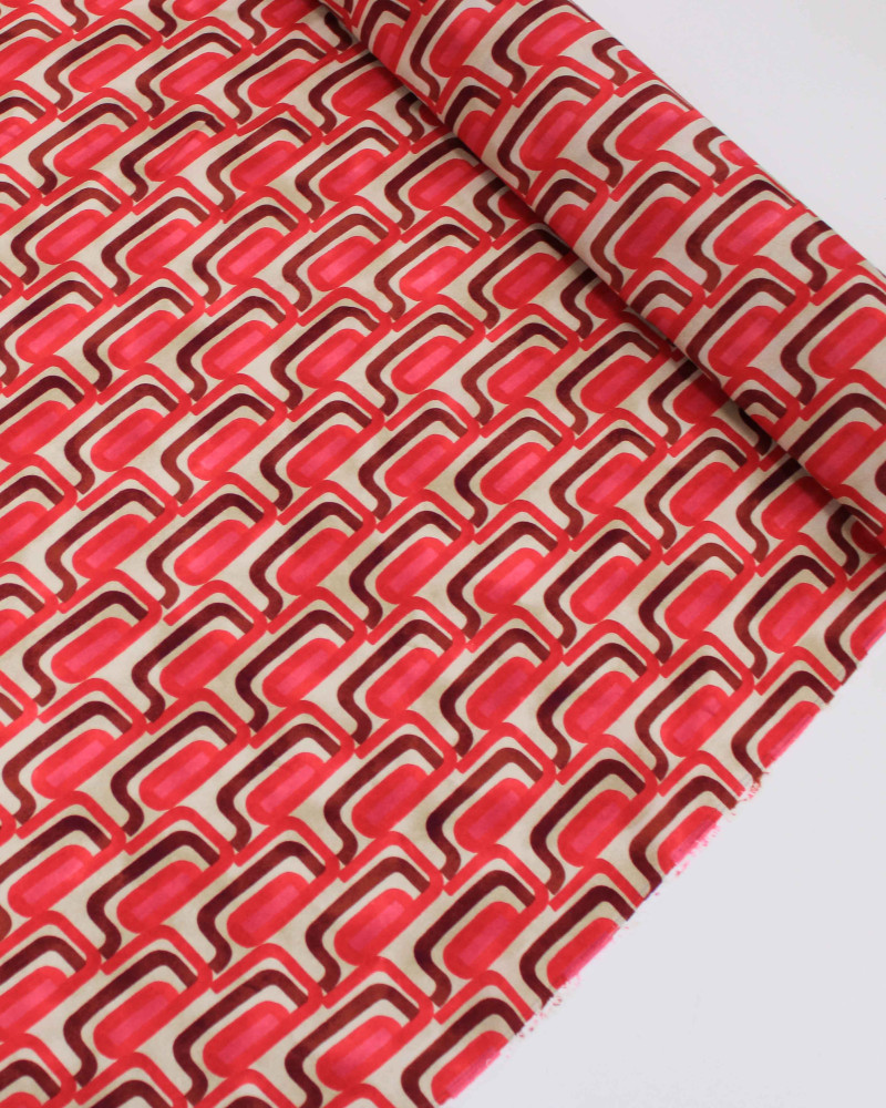 Tecido Crepe de Viscose Italiano Listras Abstratas Tons de Rosa, Borgonha e Pérola