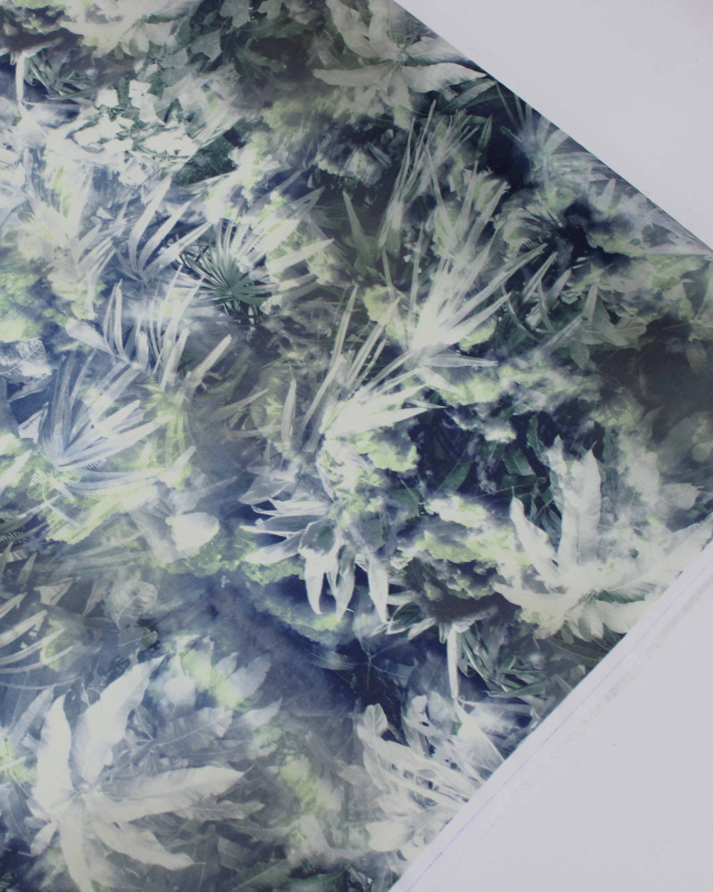 Tecido Viscose Fina Mista Italiano Folhagens Verde Menta e Azul