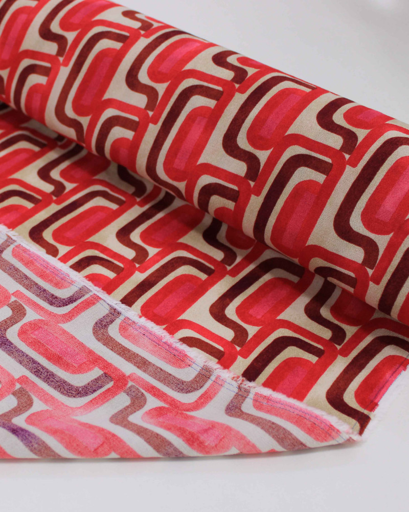 Tecido Crepe de Viscose Italiano Listras Abstratas Tons de Rosa, Borgonha e Pérola