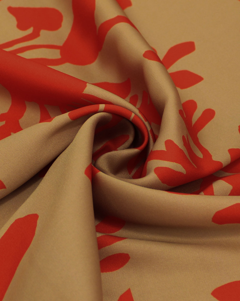 Tecido Crepe Silk Italiano Macro Ramos Absratos Vermelho Vivo e Bege