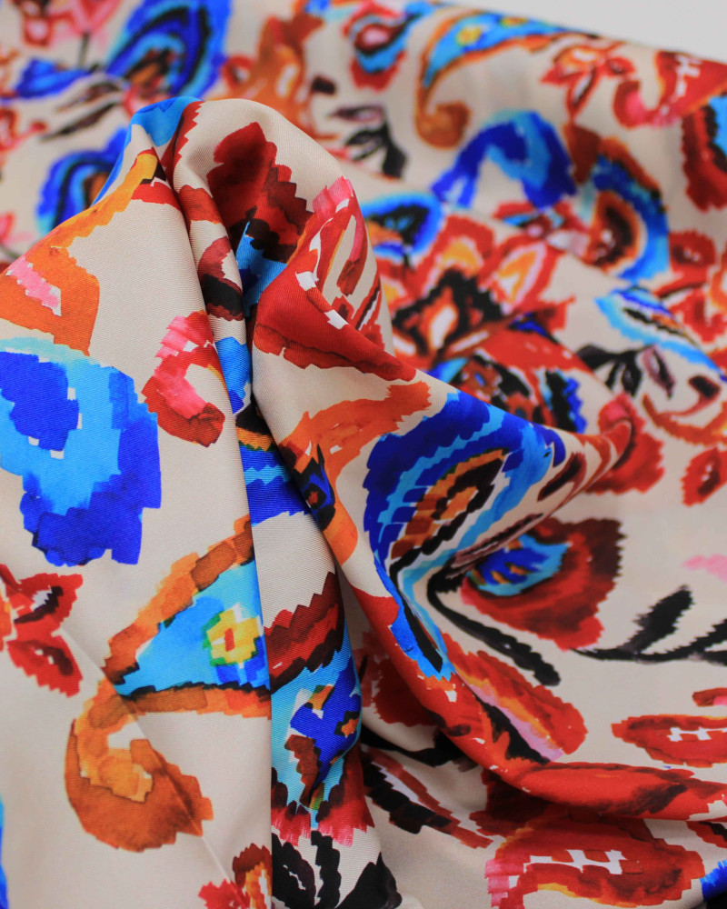 Tecido Crepe Silk Italiano Cashmere e Flores Abstratas Colorido e Pérola