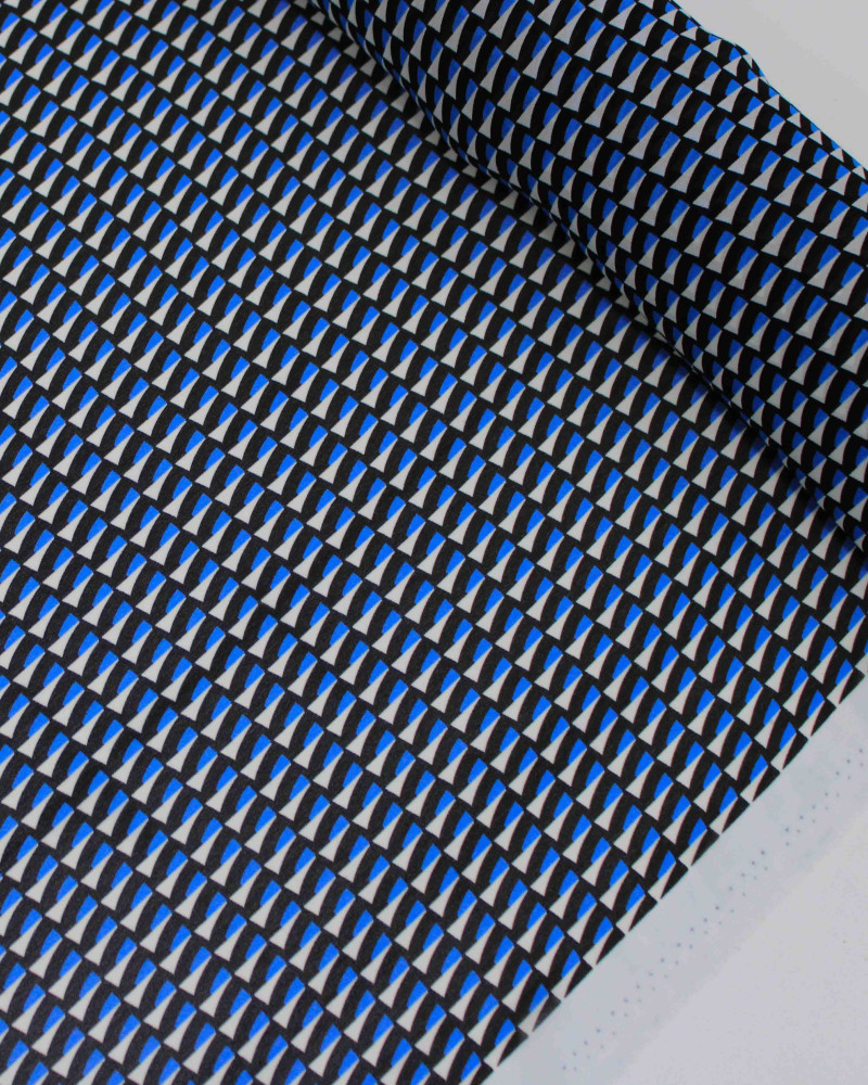 Tecido Crepe Chiffon Italiano Micro Geométricos Branco, Azul e Preto