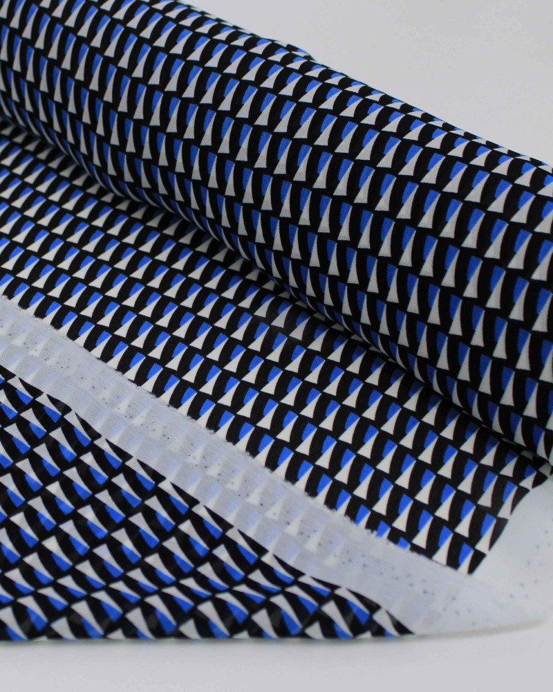 Tecido Crepe Chiffon Italiano Micro Geométricos Branco, Azul e Preto