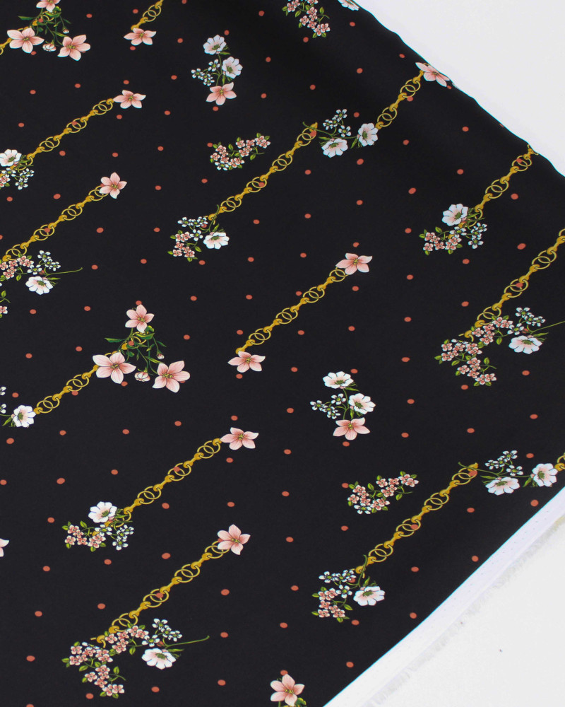 Tecido Crepe Silk Fino Italiano Micro Poá e Flores Entre Correntes Colorido e Preto