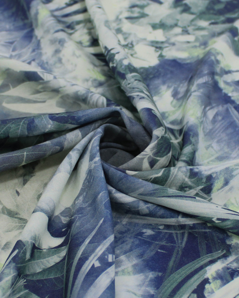 Tecido Viscose Fina Mista Italiano Folhagens Verde Menta e Azul