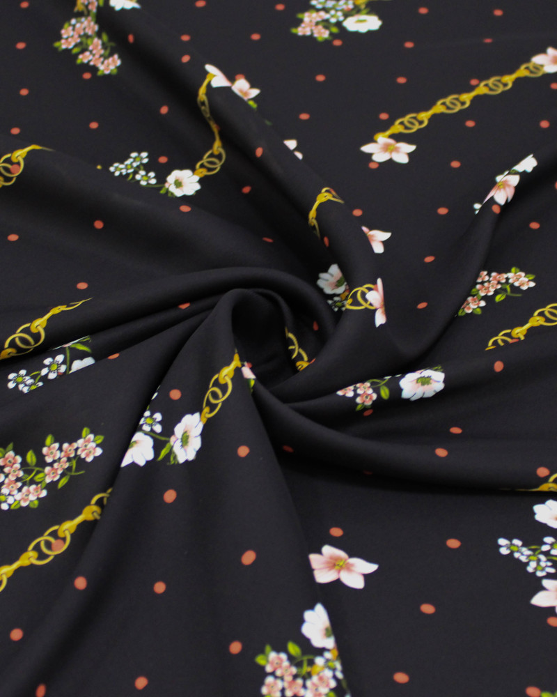 Tecido Crepe Silk Fino Italiano Micro Poá e Flores Entre Correntes Colorido e Preto