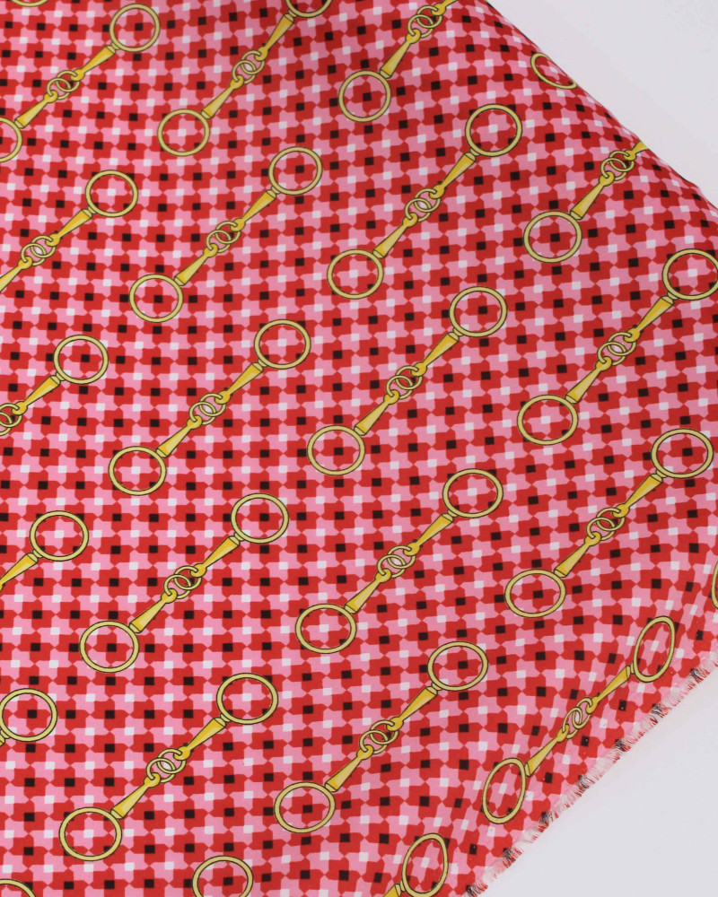 Tecido Crepe Silk Fino Micro Geométricos e Argolas Amarelo, Vermelho e Rosa