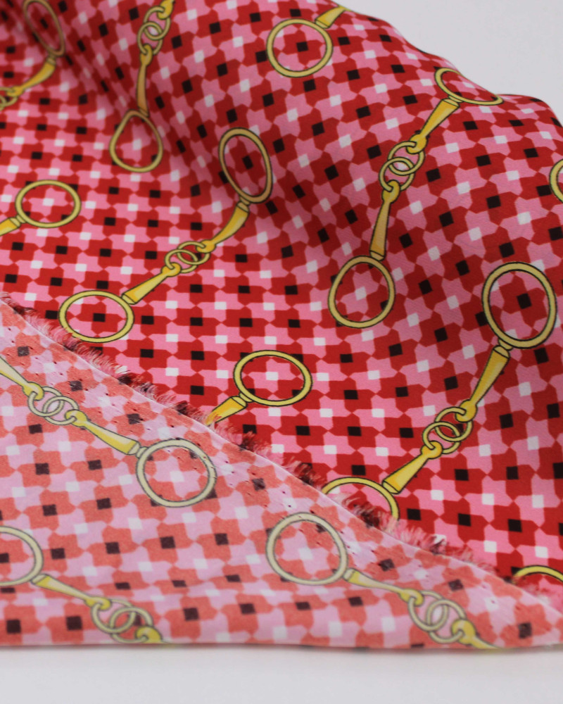 Tecido Crepe Silk Fino Micro Geométricos e Argolas Amarelo, Vermelho e Rosa