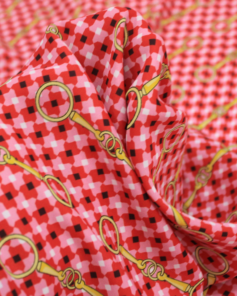 Tecido Crepe Silk Fino Micro Geométricos e Argolas Amarelo, Vermelho e Rosa