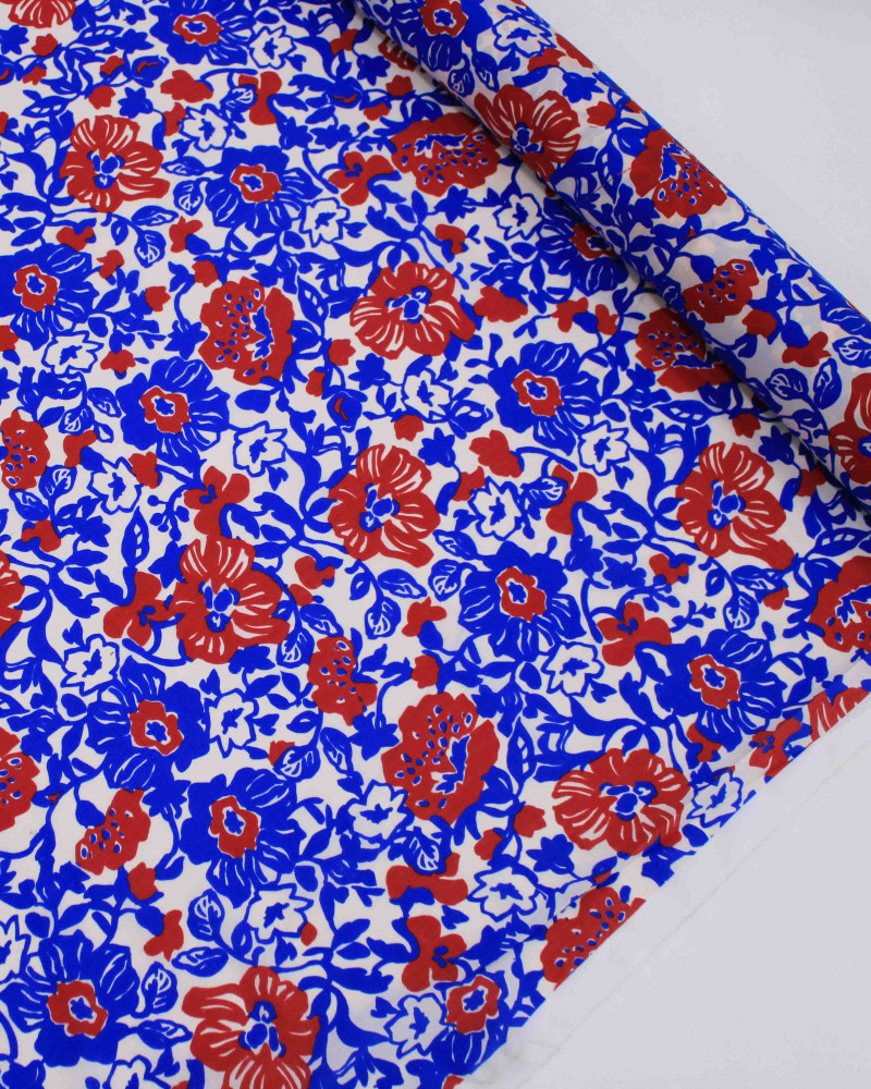 Tecido Tricoline Italiano Ramos Florais Vermelho, Azul e Offwhite