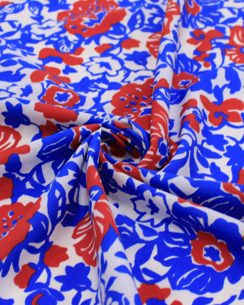 Tecido Tricoline Italiano Ramos Florais Vermelho, Azul e Offwhite
