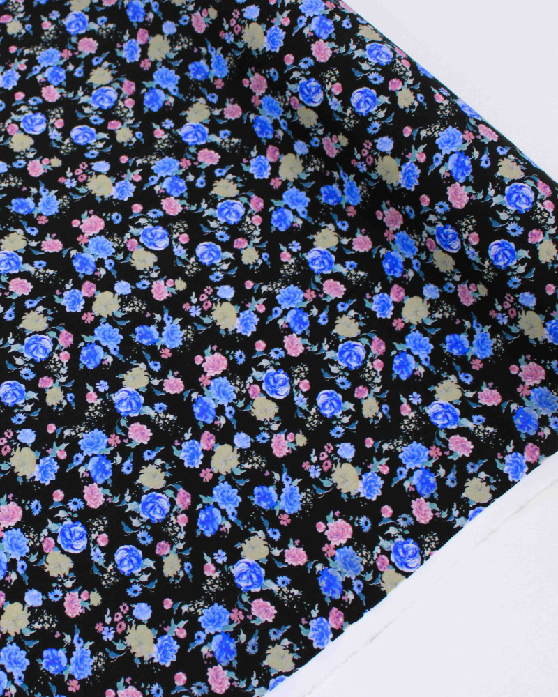 Tecido Crepe de Viscose Italiano Tapete Floral Colorido e Preto