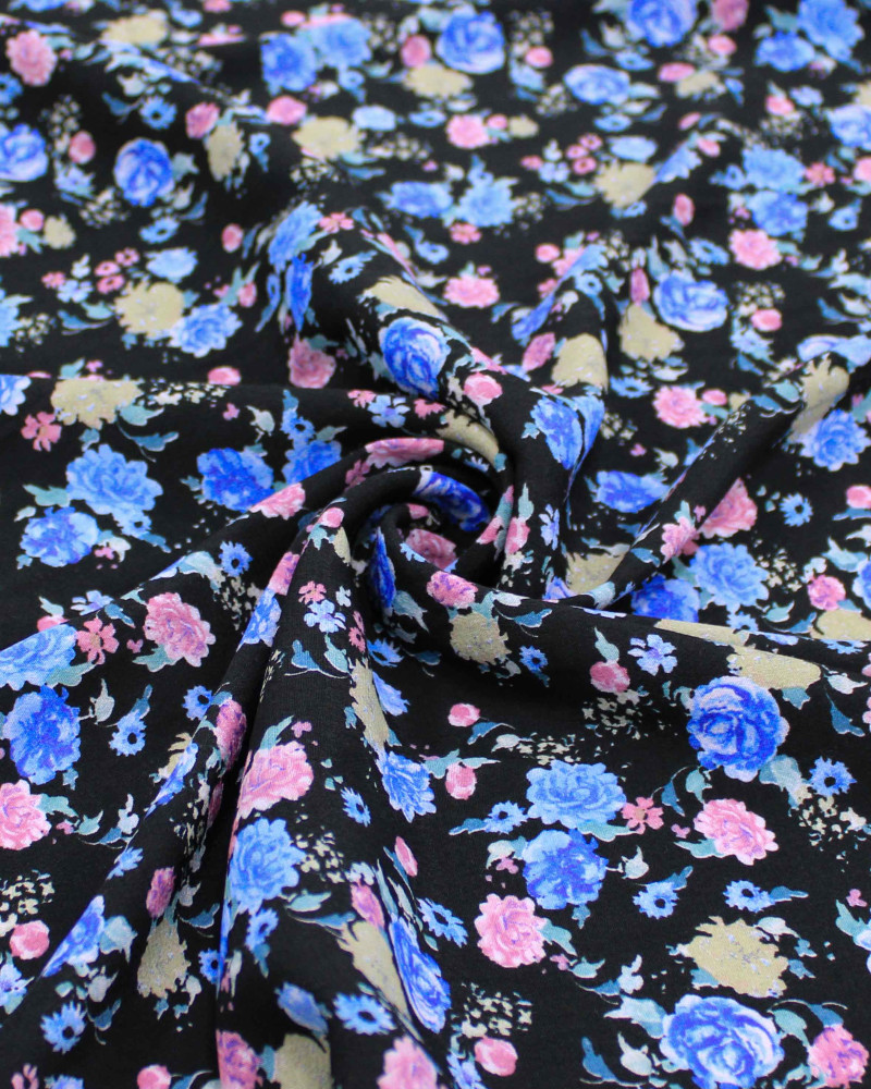 Tecido Crepe de Viscose Italiano Tapete Floral Colorido e Preto