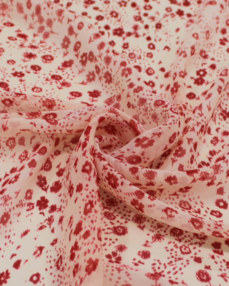 Tecido Crepe Chiffon Italiano Micro Tapete Floral Vermelho e Creme
