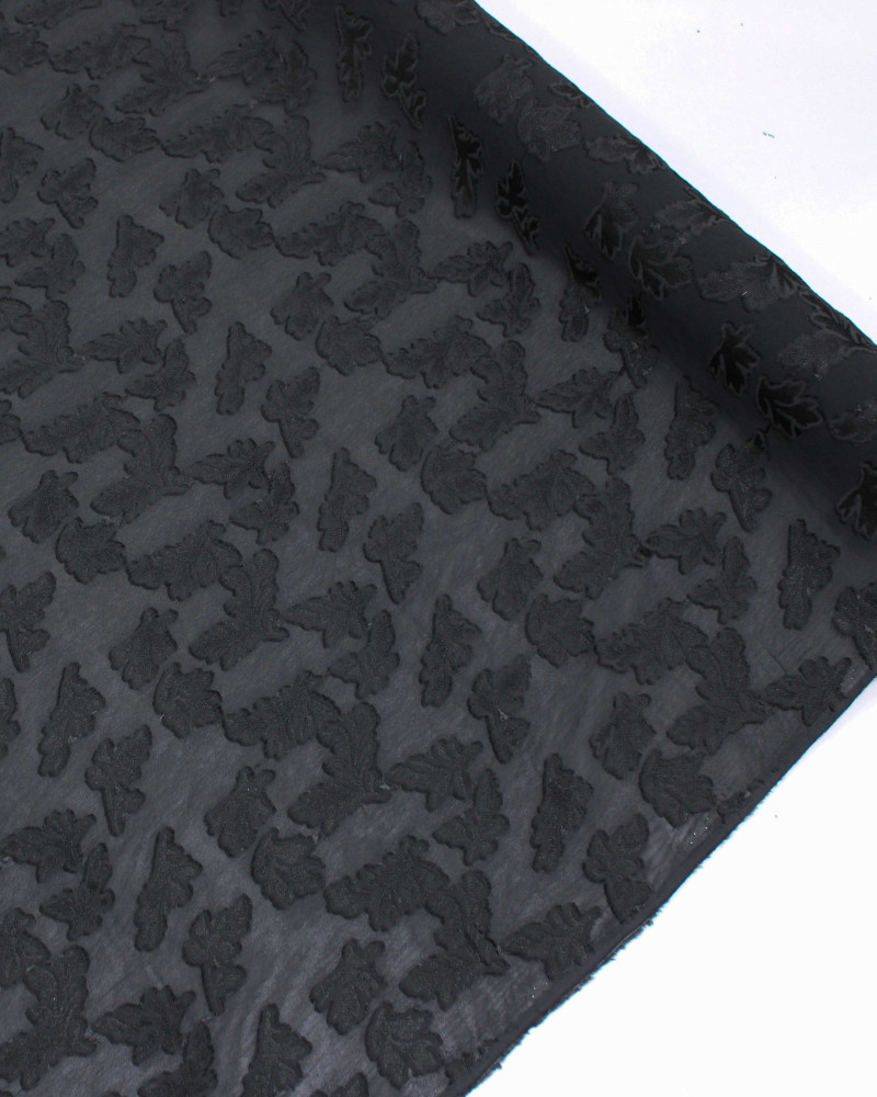 Tecido Crepe Chiffon Italiano Brocado Folhas Preto e Cinza Grafite