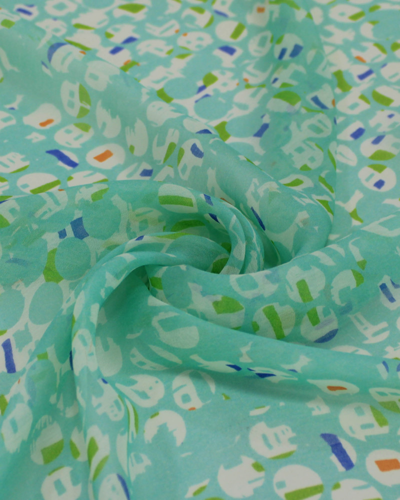 Tecido Crepe Chiffon Italiano Estampa Geométrica Abstrata Verde Água