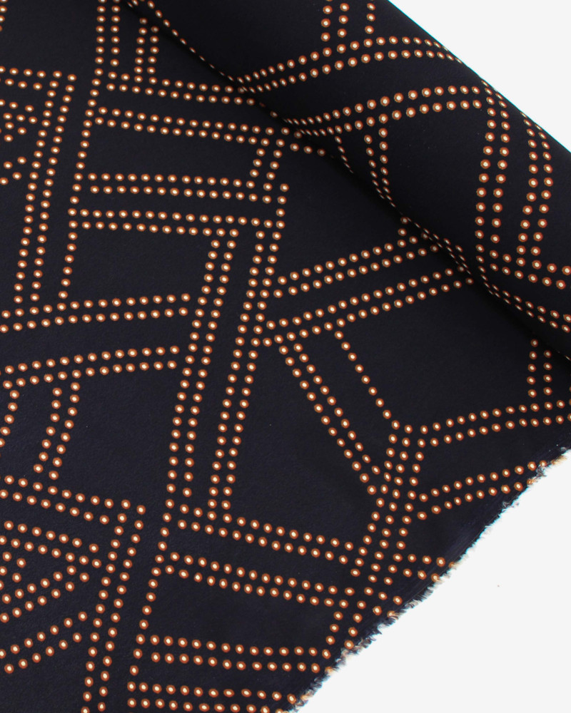 Tecido Crepe de Viscose Italiano Estampa Geométrica Micro Pontos Offwhite, Marrom e Preto