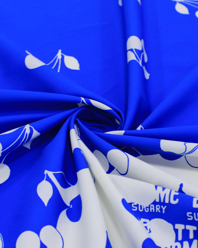 Tecido Tricoline Italiano Barrado Cerejas Branco e Azul