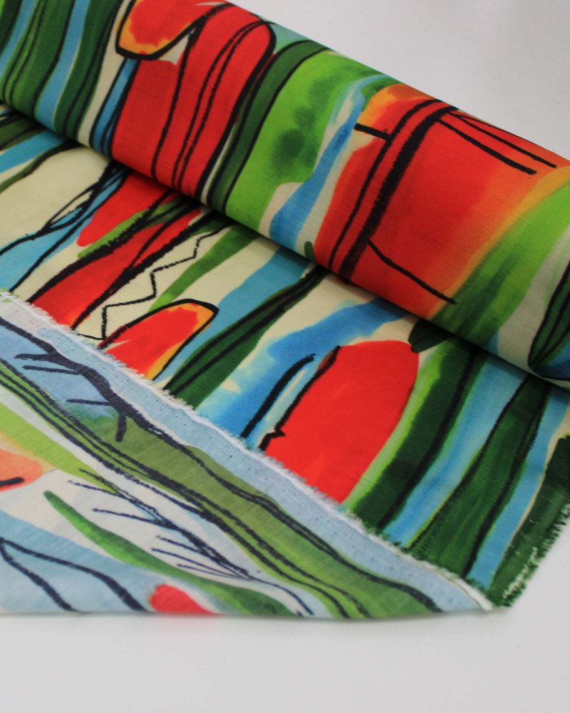 Tecido Viscose Italiano Listras Abstratas Colorido