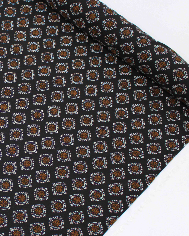 Tecido Viscose Fina Italiano Micro Estampa Geométrica Marrom, Branco e Preto
