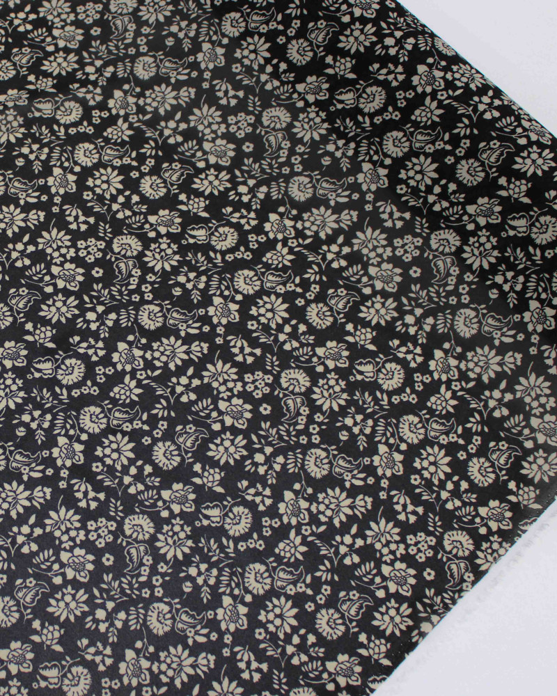Tecido Crepe Chiffon Italiano Tapete Floral Bege e Preto
