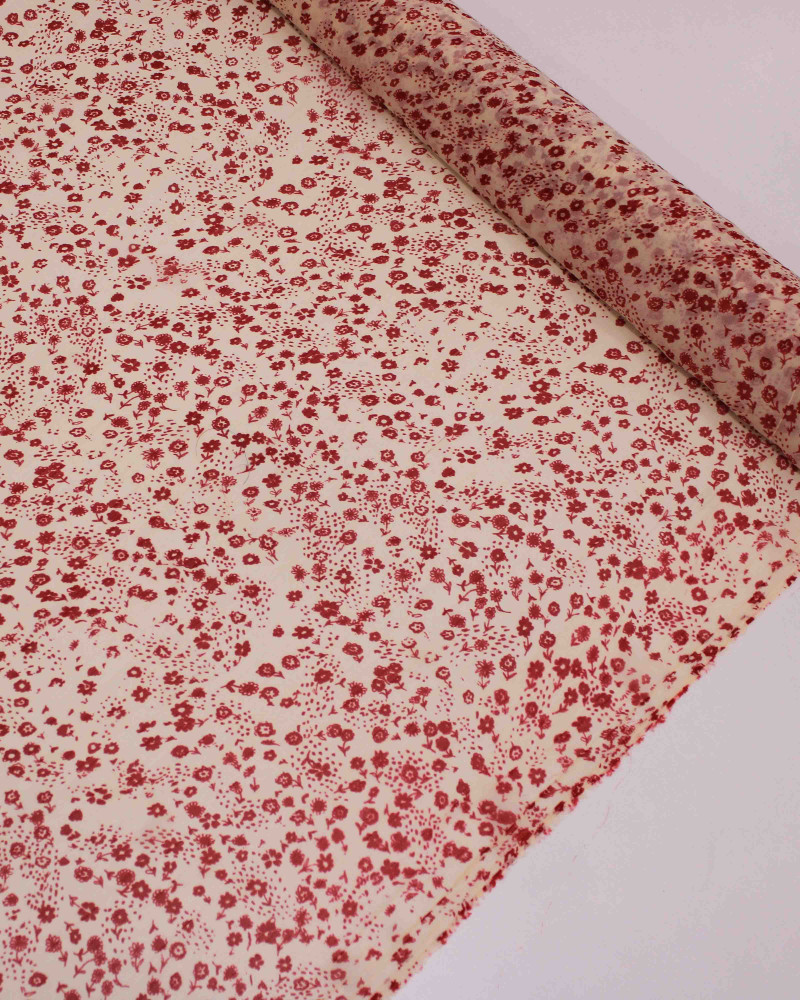 Tecido Crepe Chiffon Italiano Micro Tapete Floral Vermelho e Creme