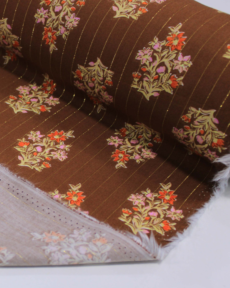 Tecido Viscose com Lurex Buquê Floral Colorido e Marrom