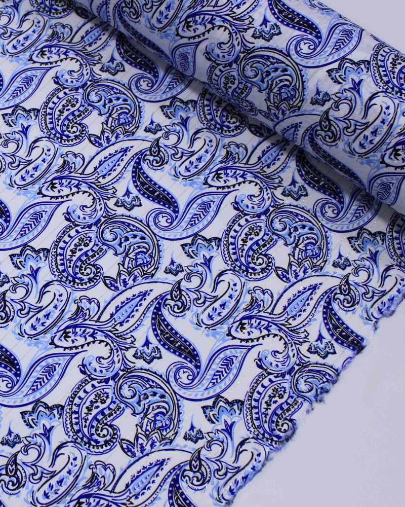 Tecido Viscose com Lurex Cashmere Estampado Tons Frios e Branco
