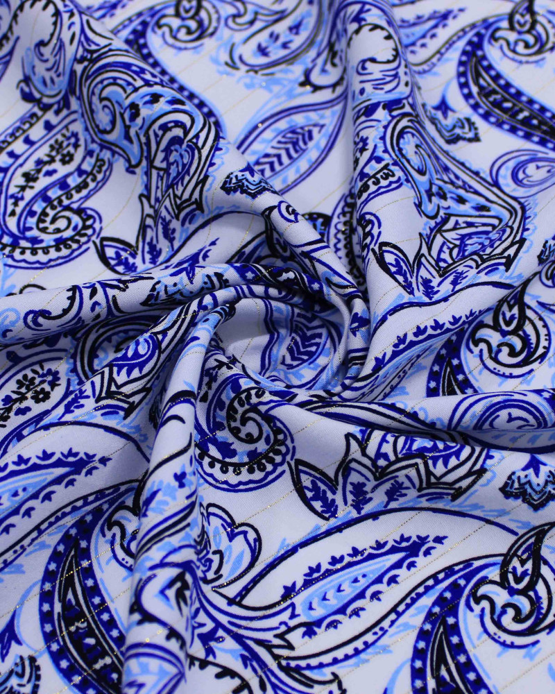 Tecido Viscose com Lurex Cashmere Estampado Tons Frios e Branco