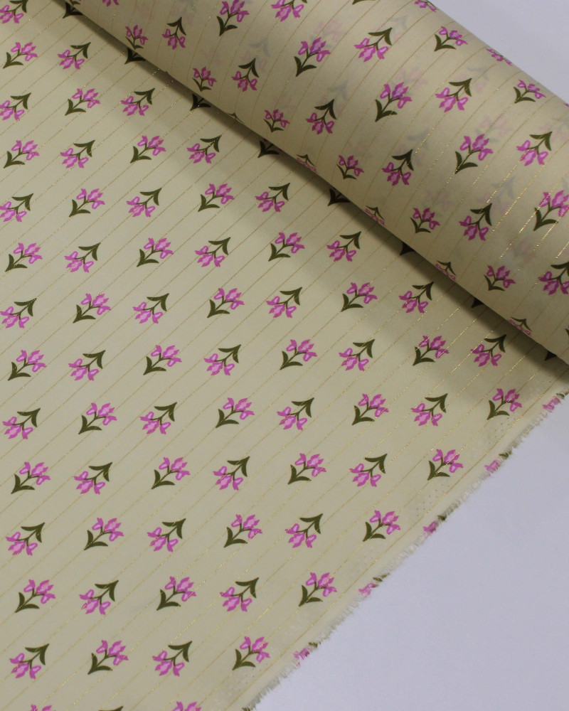 Tecido Viscose com Lurex Micro Flores Verde, Rosa e Creme