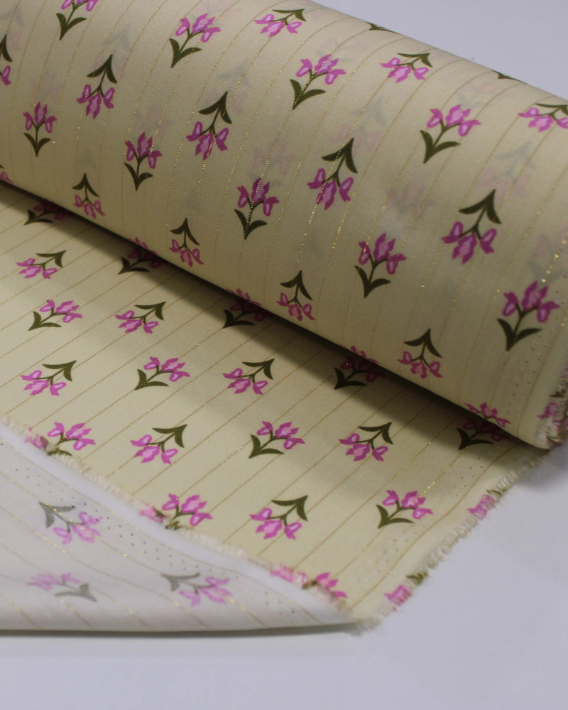 Tecido Viscose com Lurex Micro Flores Verde, Rosa e Creme