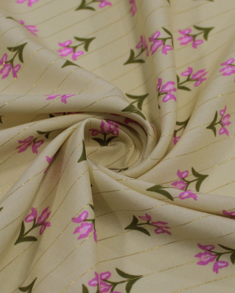 Tecido Viscose com Lurex Micro Flores Verde, Rosa e Creme