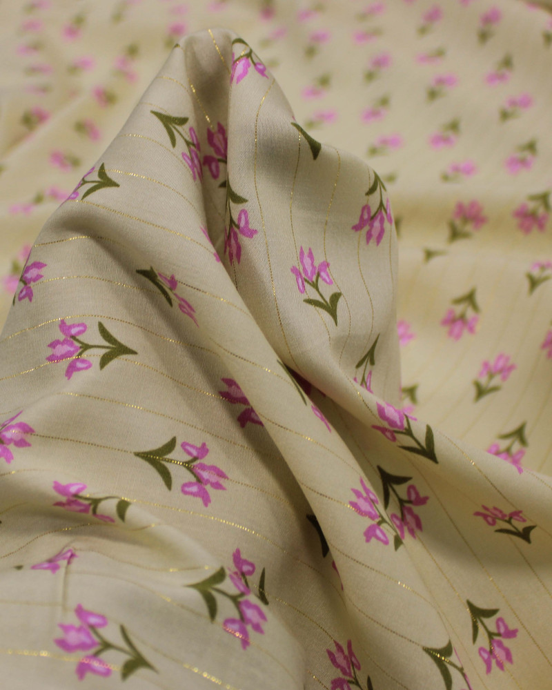 Tecido Viscose com Lurex Micro Flores Verde, Rosa e Creme