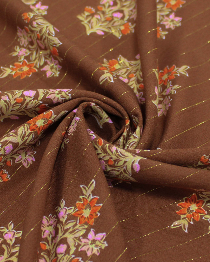 Tecido Viscose com Lurex Buquê Floral Colorido e Marrom