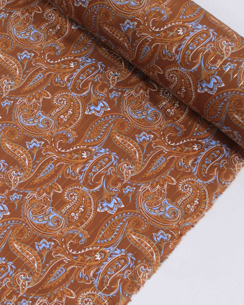 Tecido Viscose com Lurex Cashmere Estampado Azul e Tons de Marrom