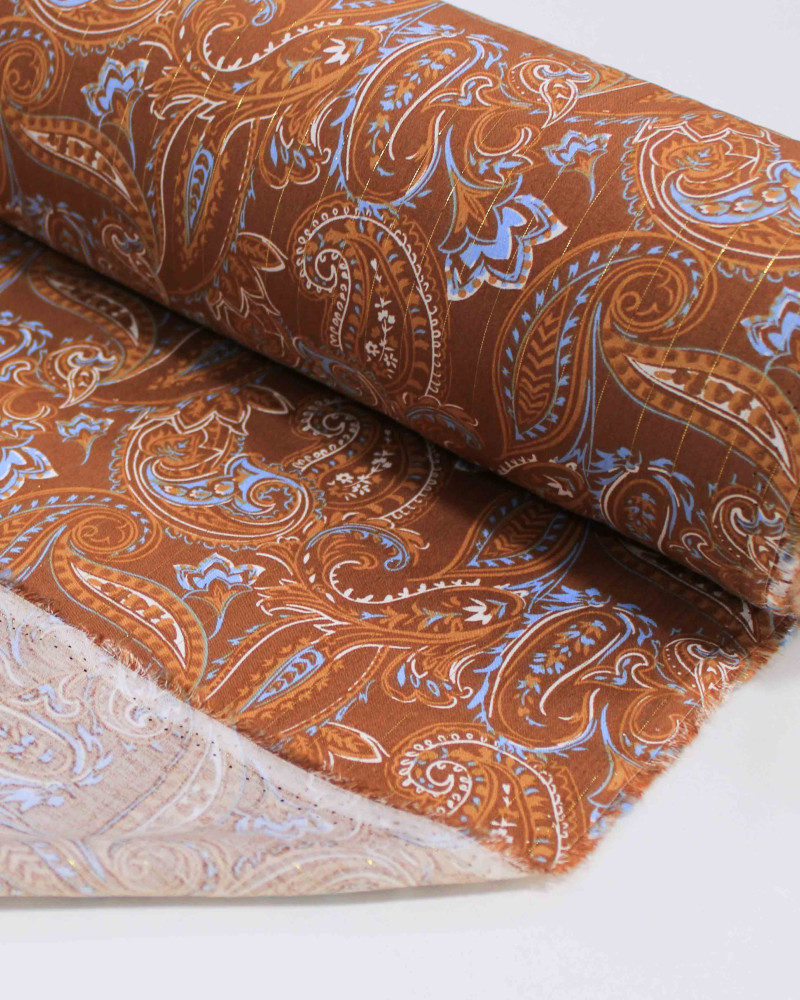 Tecido Viscose com Lurex Cashmere Estampado Azul e Tons de Marrom