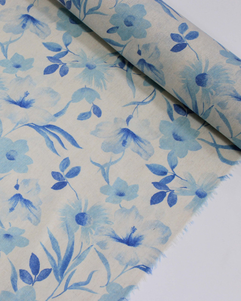Tecido Linho Misto Estampa Floral Tons de Azul e Cru