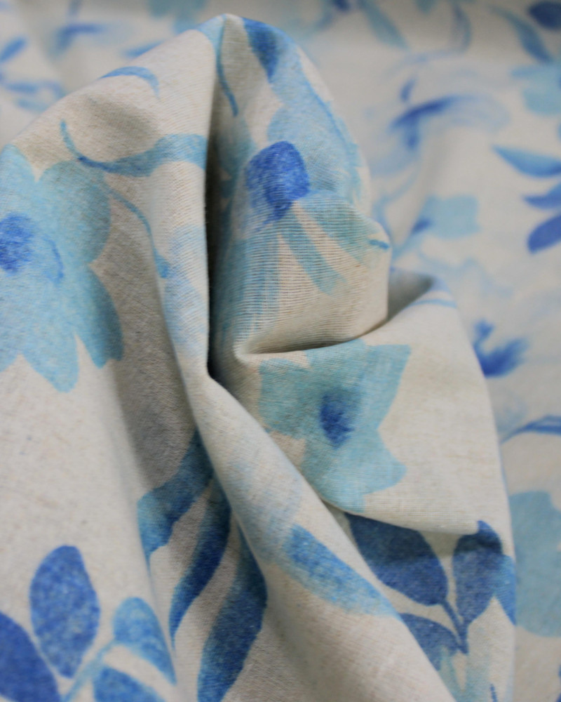 Tecido Linho Misto Estampa Floral Tons de Azul e Cru