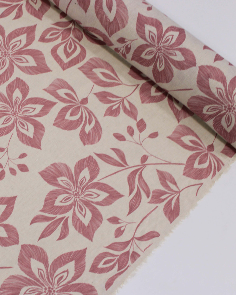 Tecido Linho Misto Estampa Floral Rosa Chá e Cru