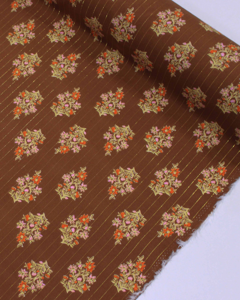Tecido Viscose com Lurex Buquê Floral Colorido e Marrom