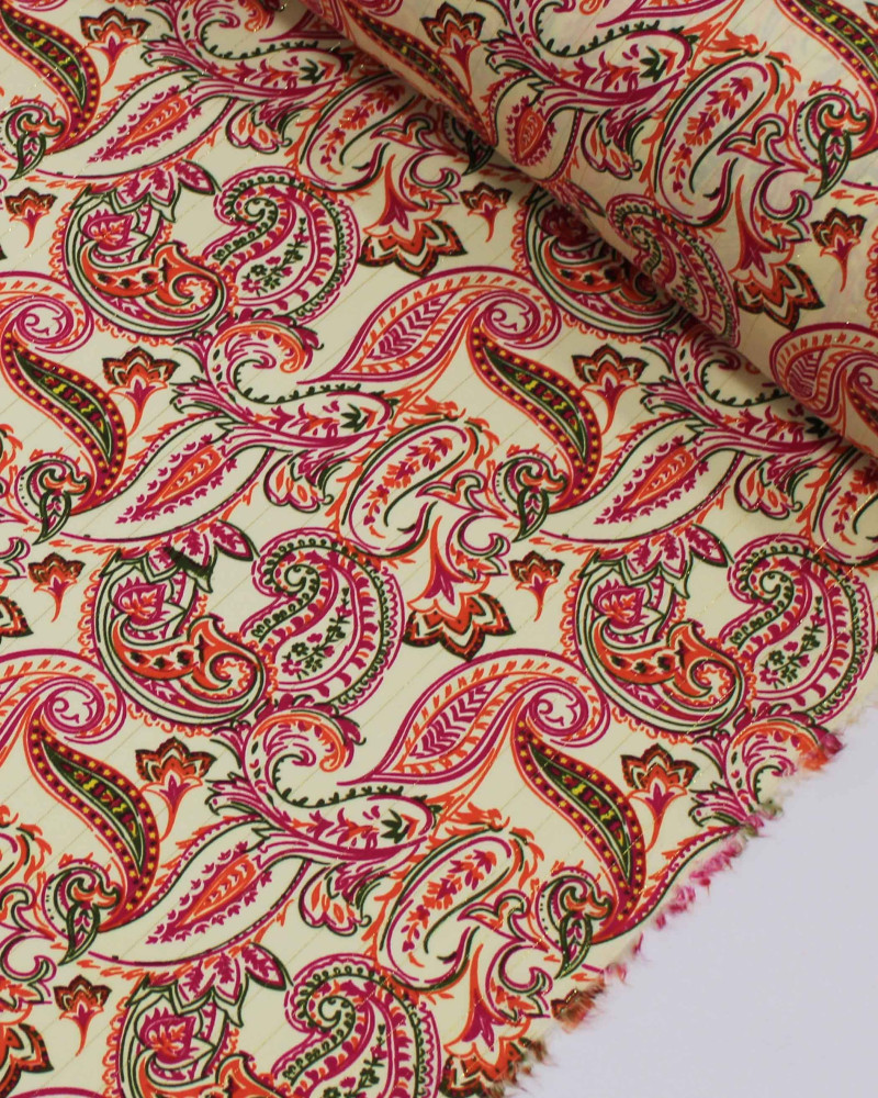 Tecido Viscose com Lurex Cashmere Estampado Tons Quentes e Creme