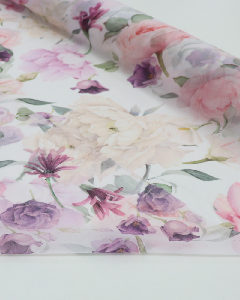 Tecido Crepe Chiffon Italiano Toque de Seda Campo Floral Colorido e Branco
