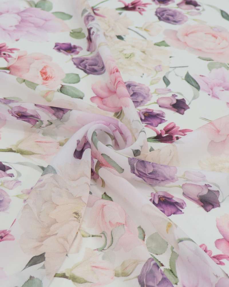 Tecido Crepe Chiffon Italiano Toque de Seda Campo Floral Colorido e Branco