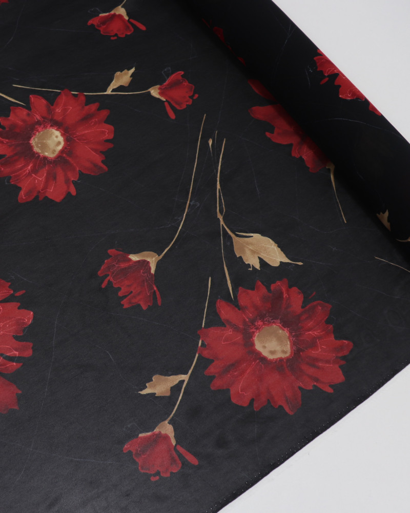 Tecido Crepe Chiffon Grosso Italiano Macro Floral e Riscos Branco, Vermelho e Preto