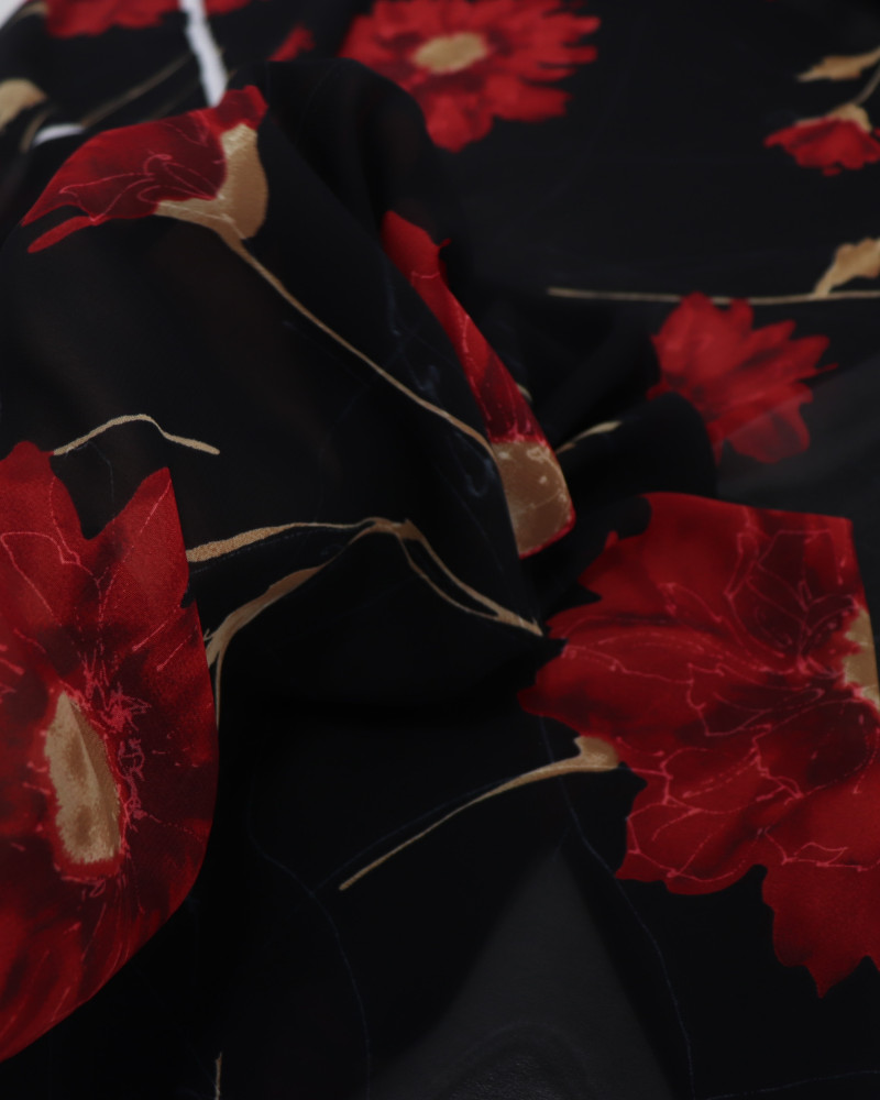 Tecido Crepe Chiffon Grosso Italiano Macro Floral e Riscos Branco, Vermelho e Preto